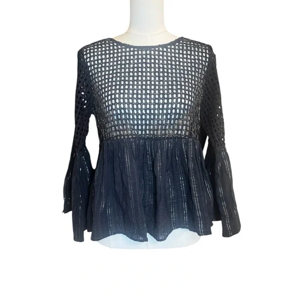 Maeve Anthropologie Alameda Beaded Bell Sleeve Peplum Blouse Size 8 Black - Picture 2 of 10